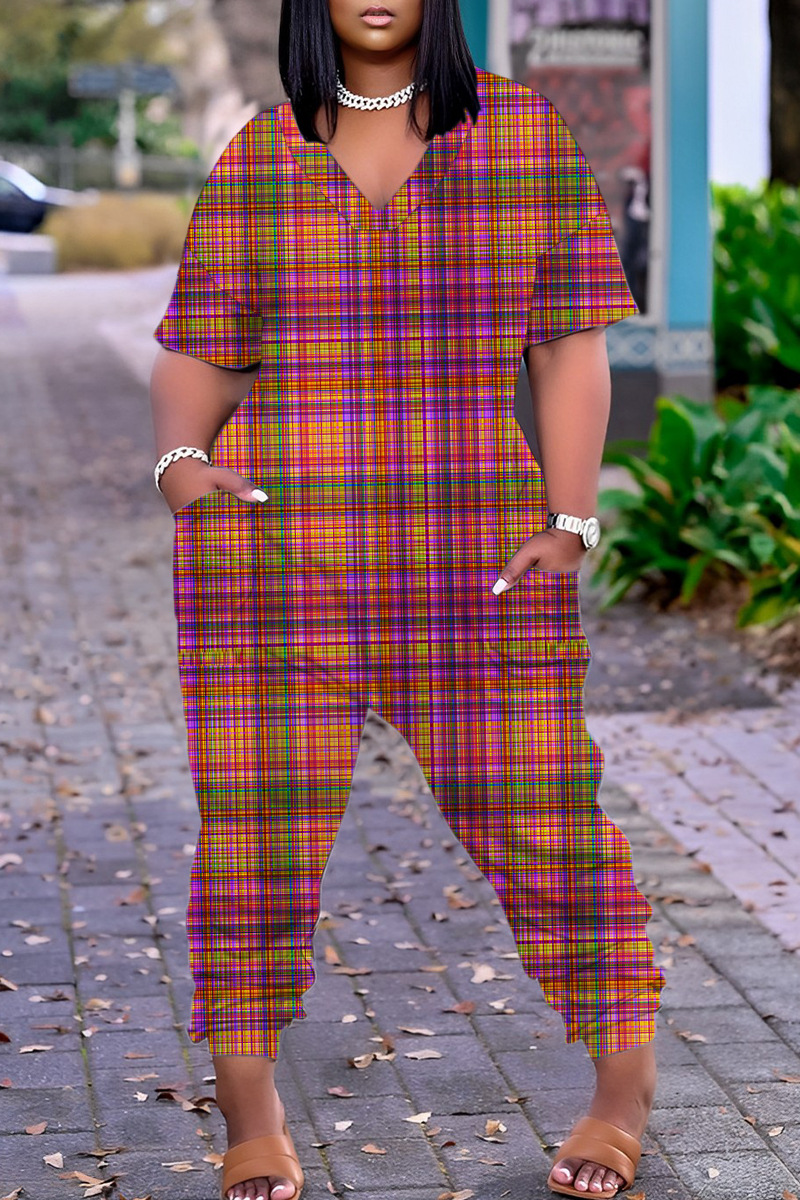 Casual Solid Patchwork V Neck Regular Jumpsuits