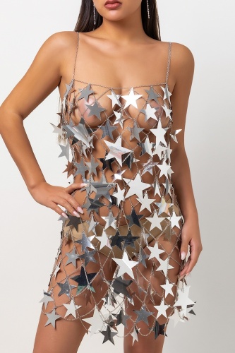 Sexy The stars Hollowed Out Patchwork Chains Backless Spaghetti Strap Sling Dress