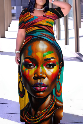 Casual Print Basic O Neck Long Dress Plus Size Dresses