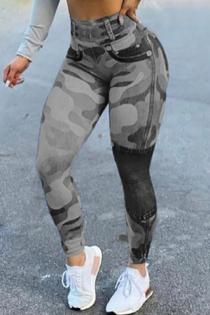 Casual Camouflage Print Basic Skinny High Waist Pencil Full Print Trousers