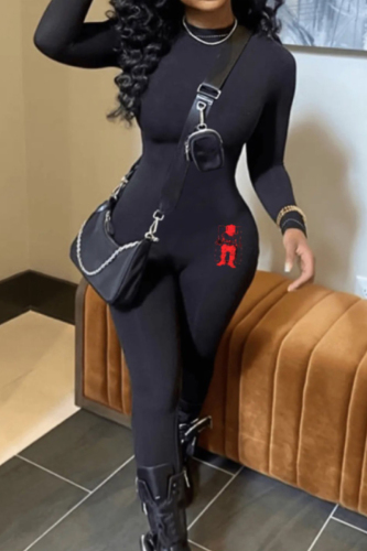Street Print Patchwork Zipper O Neck Plus Size Jumpsuits