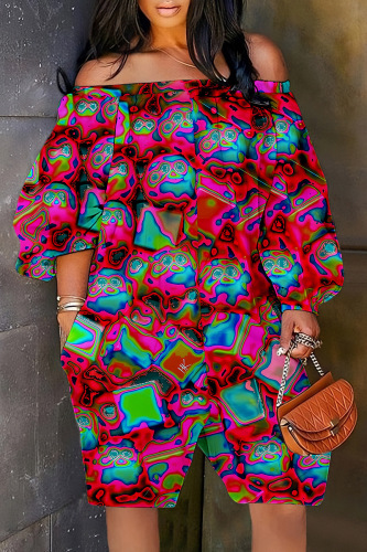 Casual Print Basic Off the Shoulder Regular Rompers