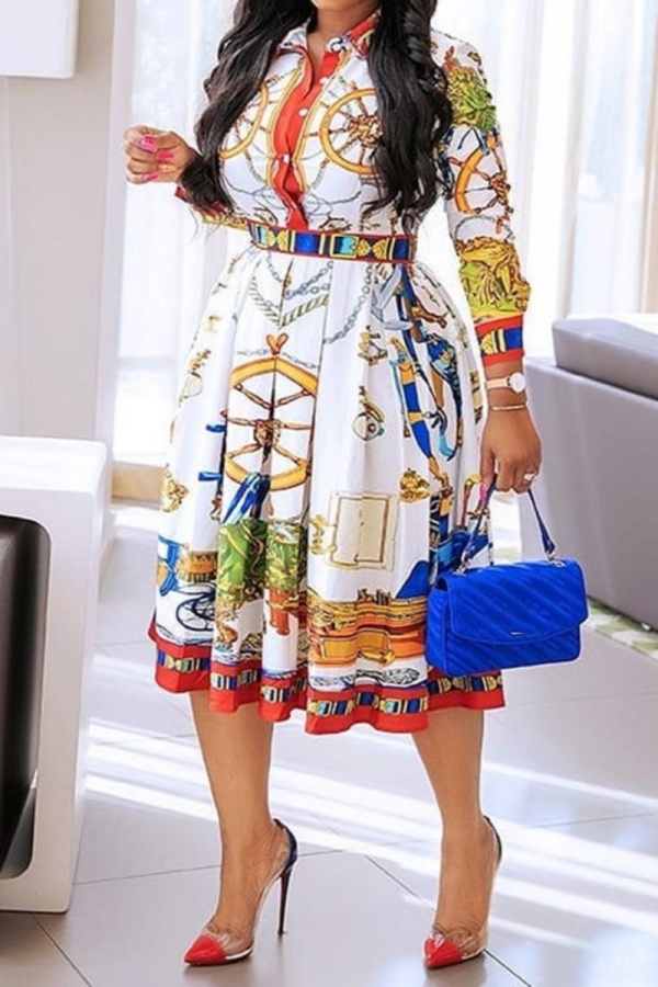 Casual Print Patchwork Shirt Collar Long Sleeve Dresses (Subject To The Actual Object)
