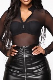 Sexy Solid Patchwork See-through Zipper Collar Skinny Bodysuits