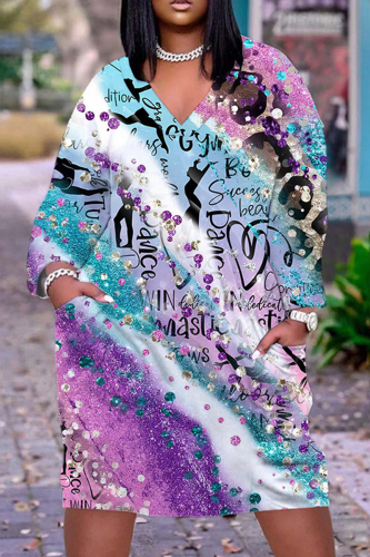 Casual Print Basic V Neck Long Sleeve Dresses