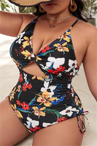 Sexy Print Backless Cross Straps V Neck Plus Size Swimsuit (With Paddings)