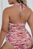 Casual Print Bandage Hollowed Out Backless Halter Plus Size Swimwear (With Paddings)