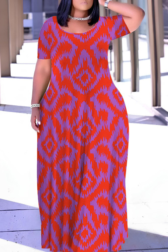 Casual Print Basic O Neck Plus Size Long Dress