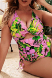 Sexy Print Backless Cross Straps V Neck Plus Size Swimsuit (With Paddings)