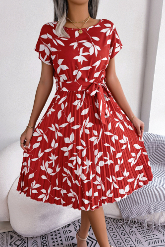 Sweet Elegant Floral Bandage O Neck Pleated Dresses