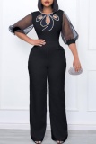 Casual Patchwork Hollowed Out Beading O Neck Plus Size Jumpsuits