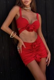 Sexy Solid Backless Fold Swimsuit Three Piece Set