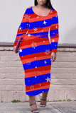 Casual Flag Stars Print O Neck Long Sleeve Loose Maxi Dresses