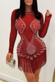 Sexy Patchwork Hot Drilling Tassel O Neck Long Sleeve Dresses