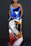 Flag Stars Print Eagle Graphic Backless Floor Length Loose Cami Maxi Dresses