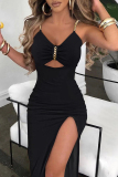 Sexy Solid Metal Accessories Decoration Slit V Neck Wrapped Skirt Dresses