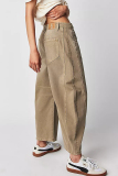 Casual Vintage Solid Pocket Without Belt Mid Waist Loose Denim Jeans(No Belt)