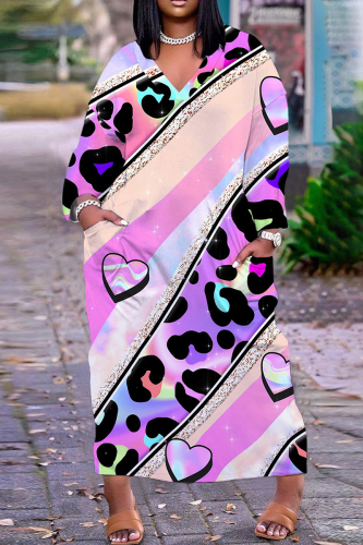 Casual Print Patchwork Basic V Neck Long Dress Dresses