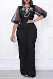 Casual Patchwork Hollowed Out Beading O Neck Plus Size Jumpsuits