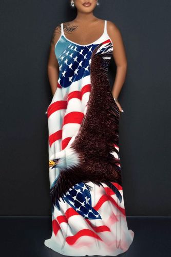 Flag Stars Print Eagle Graphic Backless Floor Length Loose Cami Maxi Dresses Flag Stars Print Eagle Graphic Backless Floor Length Loose Cami Maxi Dresses