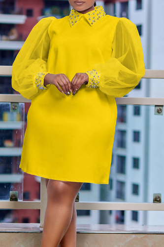 Casual Solid Patchwork Beading Turtleneck Long Sleeve Dresses