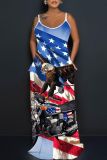 Flag Stars Print Eagle Graphic Backless Floor Length Loose Cami Maxi Dresses