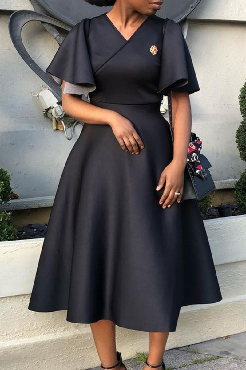 Fashion Casual Solid Patchwork V Neck A Line Dresses