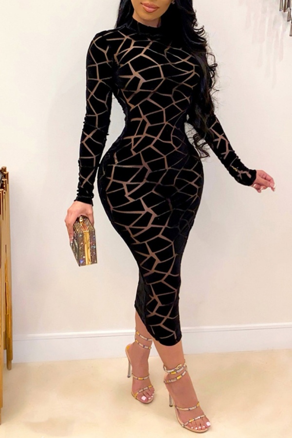 Casual Patchwork See-through Half A Turtleneck Long Sleeve Plus Size Dresses