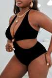 Plus Size Black Sexy Print Solid Backless Halter Swimwear (With Paddings)