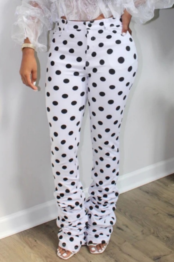 Casual Dot Print Fold Regular High Waist Conventional Full Print Trousers