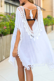 Sexy Vacation Solid Tassel Hollowed Out Backless Swimwears Cover Up