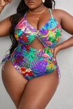 Casual Print Bandage Hollowed Out Backless V Neck Plus Size Swimwear (With Paddings)