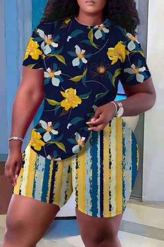 Casual Print Basic O Neck Short Sleeve Two Pieces