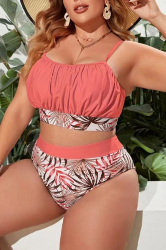 Sexy Print Patchwork Backless Spaghetti Strap Plus Size Swimwear (With Paddings)