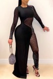 Sexy Patchwork Hot Drilling See-through O Neck Skinny Jumpsuits