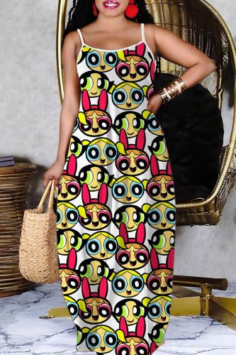 Sexy Casual Print Backless Spaghetti Strap Long Dress Short Sleeve Dress