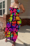 Plus Size Rainbow Colorblock Sexy Bodycorn Suspender Long Maxi Dresses