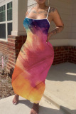 Plus Size Rainbow Colorblock Sexy Bodycorn Suspender Long Maxi Dresses