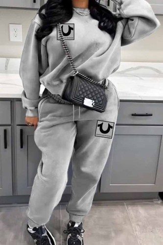 Casual Print Letter O Neck Plus Size Two Pieces