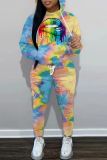 Casual Lips Printed Tie-dye Hooded Collar Long Sleeve Two Pieces
