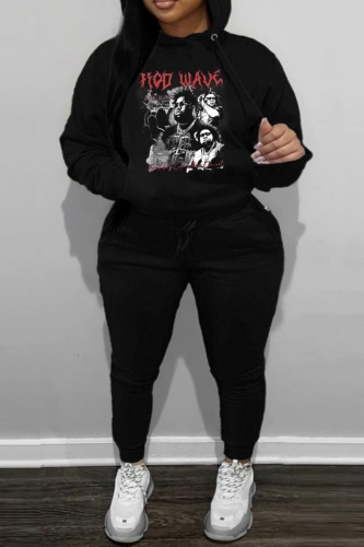 Casual Print Basic Hooded Collar Plus Size Two Pieces