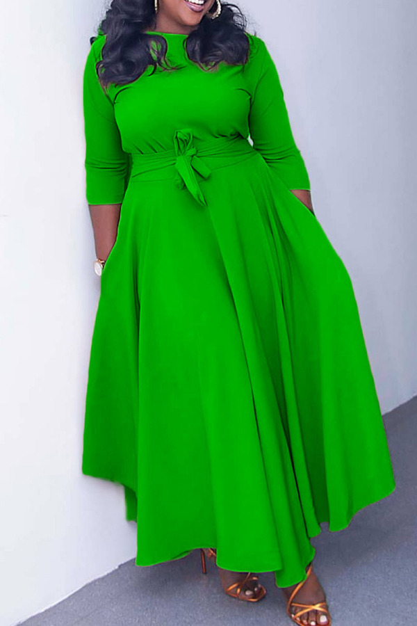 Casual Solid Frenulum O Neck Long Dress Plus Size Dresses