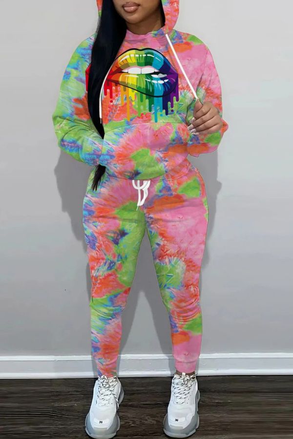 Casual Lips Printed Tie-dye Hooded Collar Long Sleeve Two Pieces