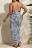 Sexy Print Backless Spaghetti Strap Beach Dress Plus Size Dresses