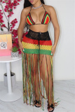 Sexy Rainbow Colorblock Tassel Fishnet Knit Bikini Tops Mini Skirt Swimwears Matching Sets