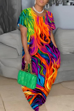 Plus Size Casual Rainbow Colorblock Round Neck Long Maxi T-shirt Dresses
