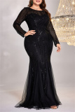 Sexy Formal Solid Patchwork See-through O Neck Long Dress Plus Size Dresses