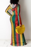 Rainbow Color Block Hooded Collar Fishnet Knit Cover Ups Swimwears Long Maxi One Step Skirt Dresses