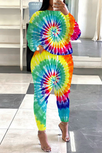 Casual Print Tie-dye O Neck Long Sleeve Two Pieces