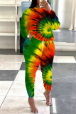 Casual Print Tie-dye O Neck Long Sleeve Two Pieces